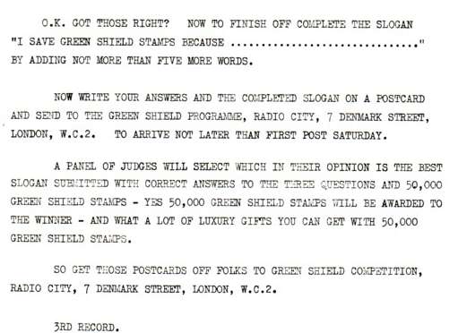 Green Shield Stamps Script