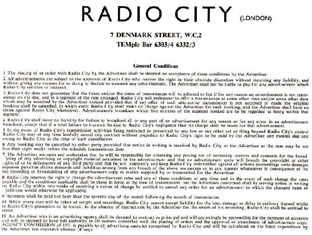 Radio City 1965 A Side Rate Card